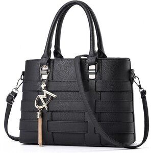 PU Leather Weave Black Shoulder Bag for Women Elegant Top Handle Designer Purse